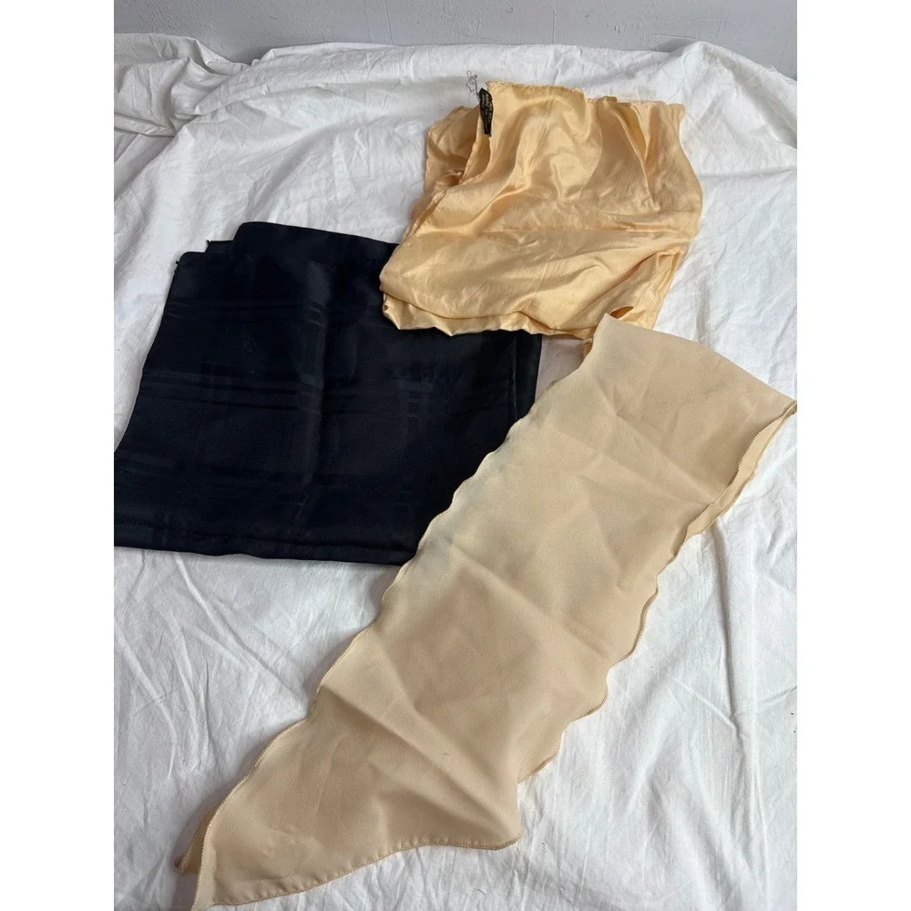 3 Vintage Silk Scarf Set Black Gold Beige Hand Italy Made Polyester